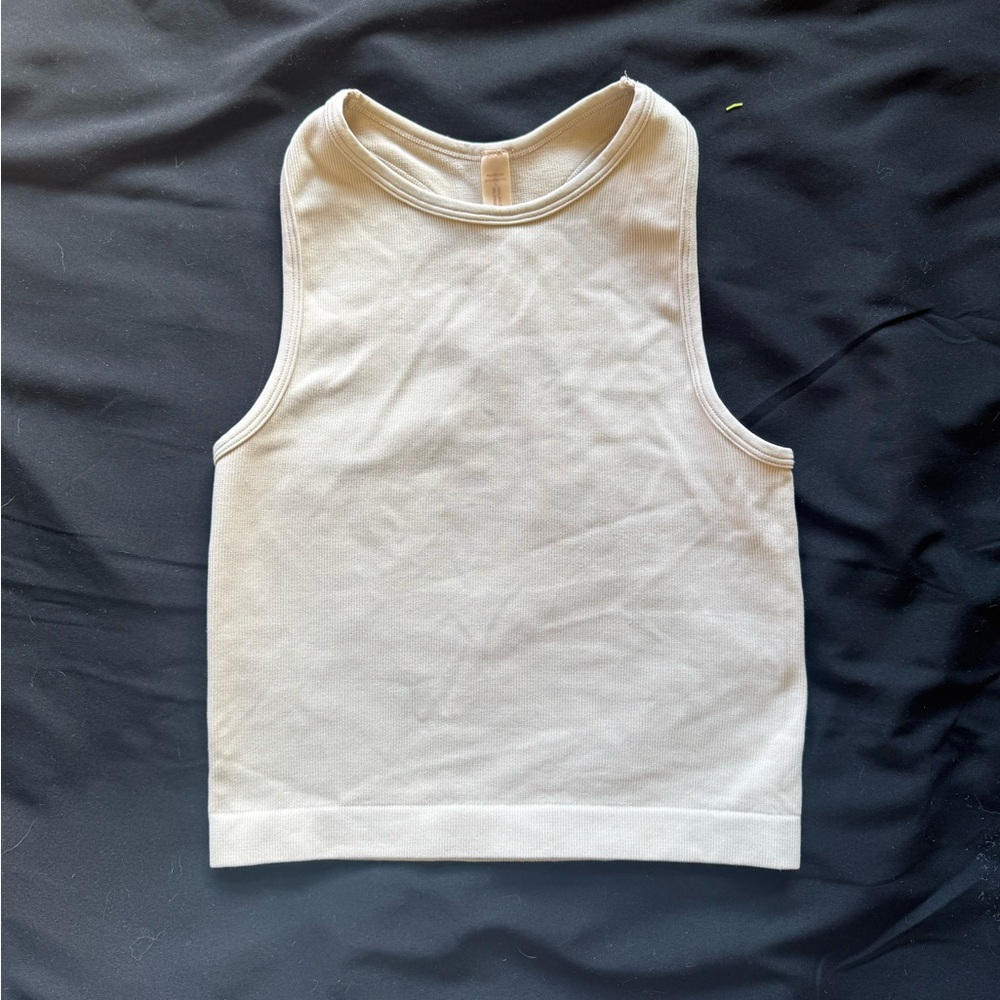 Aerie Offline s/m Cropped Ribbed Seamless Tank | Beige | Fitted Athleisure Top